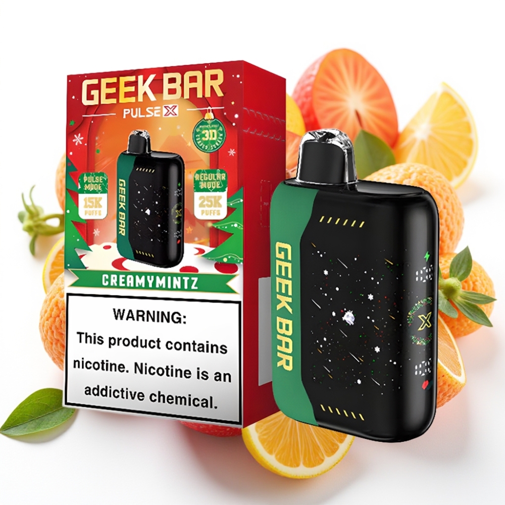 GEEK BAR Pulse X 25000 Puffs opptil 25000 trekk, opptil 15000 trekk i Pulse-modus, 0-5% nikotin, 18mL e-væske, 3D-skjerm, USB-C, dual mesh, Julutgave