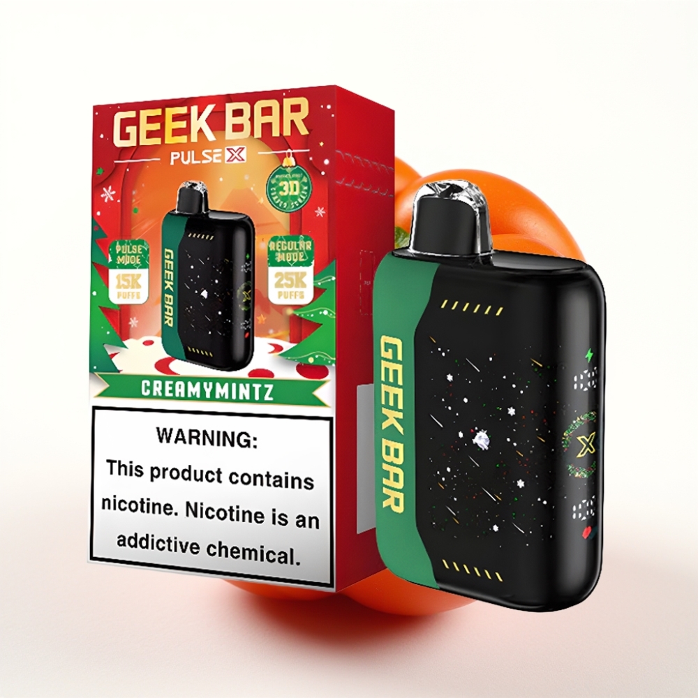 GEEK BAR Pulse X 25000 Puffs opptil 25000 trekk, opptil 15000 trekk i Pulse-modus, 0-5% nikotin, 18mL e-væske, 3D-skjerm, USB-C, dual mesh, Julutgave