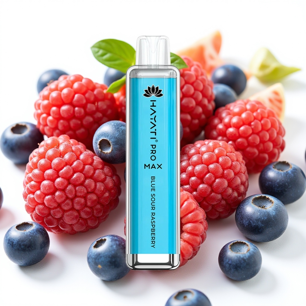 Hayati Pro Max 4000 Puffs Engangsdamp Blå Sur Bringebær – 28×28×120mm, 2%/5% Nikotin, 1400mAh, Oppladbar