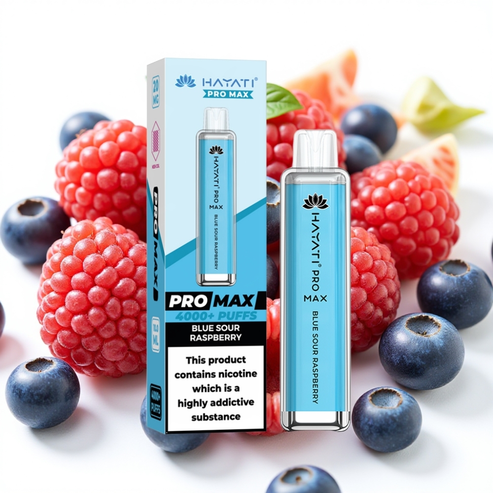 Hayati Pro Max 4000 Puffs Engangsdamp Blå Sur Bringebær – 28×28×120mm, 2%/5% Nikotin, 1400mAh, Oppladbar
