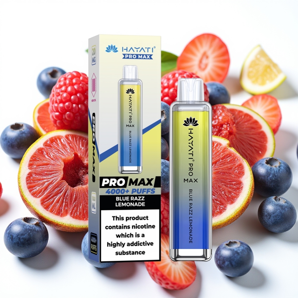 Hayati Pro Max 4000 Puffs Engangsdamper Blå Bringebær Lemonade, 2%/5% Nikotin, 1400mAh, 28×28×120mm