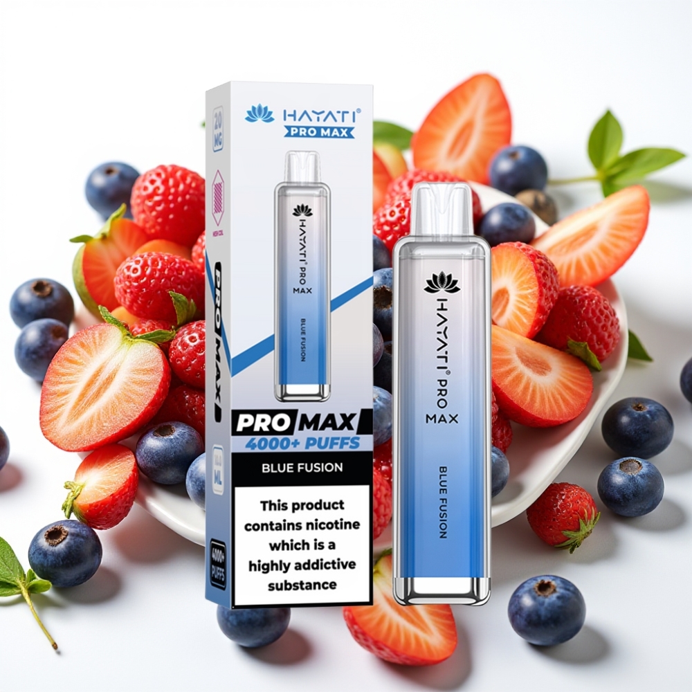 Hayati Pro Max 4000 Puffs Engangsdamper Blå Fusion 28×28×120mm 2%/5% Nikotin 1400mAh Oppladbar