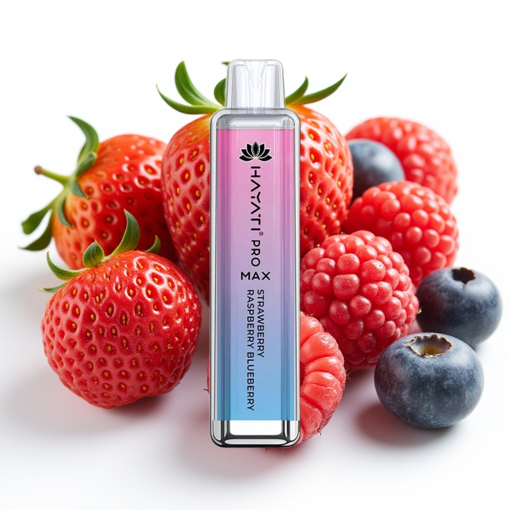 Hayati Pro Max 4000 Puffs Engangsdamper Jordbær Bringebær Blåbær 28×28×120mm 1400mAh 2ml