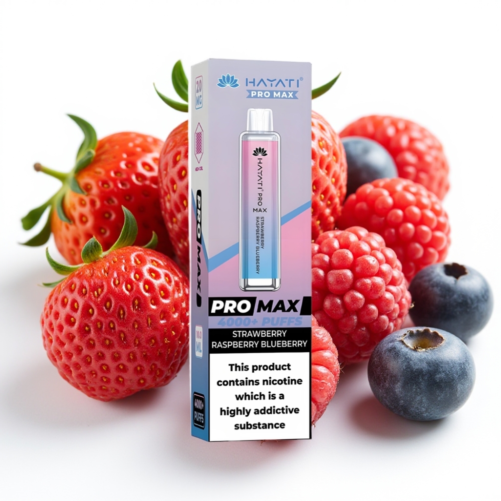 Hayati Pro Max 4000 Puffs Engangsdamper Jordbær Bringebær Blåbær 28×28×120mm 1400mAh 2ml