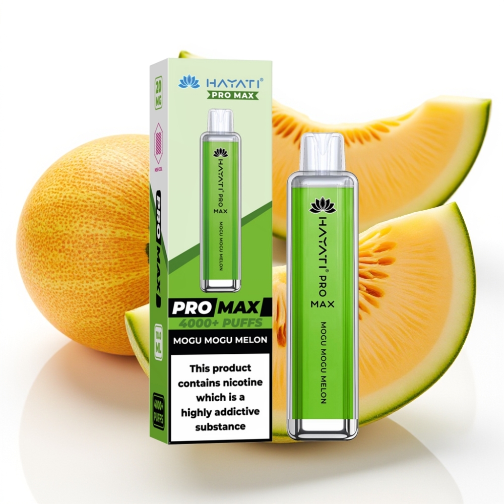 Hayati Pro Max 4000 Puffs Engangsdamper Mogu Mogu Melon 28×28×120mm 2%/5% Nikotin 1400mAh