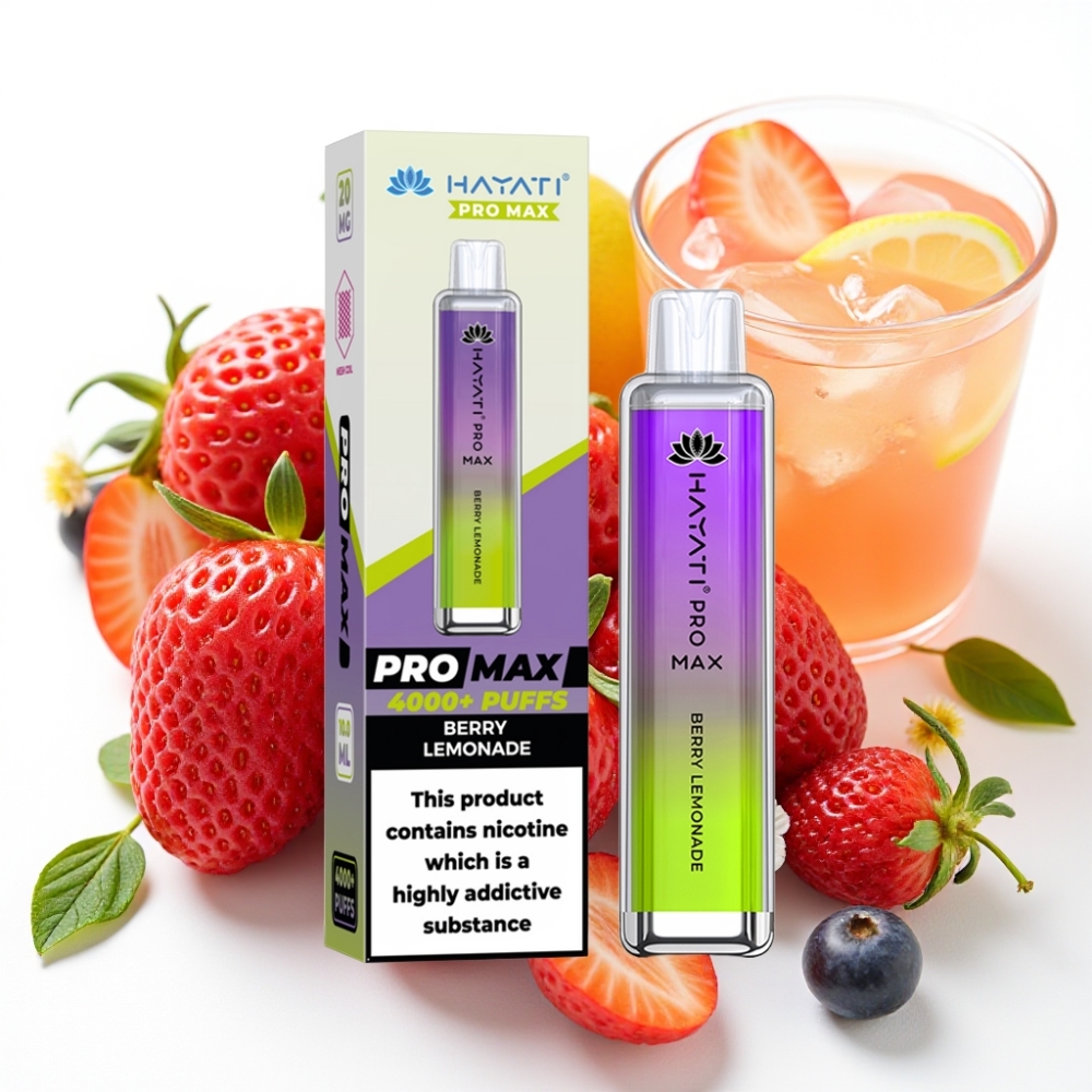 Hayati Pro Max 4000 Puffs Engangsvaper Bær Lemonade 28x28x120mm 2%/5% Nikotin 1400mAh