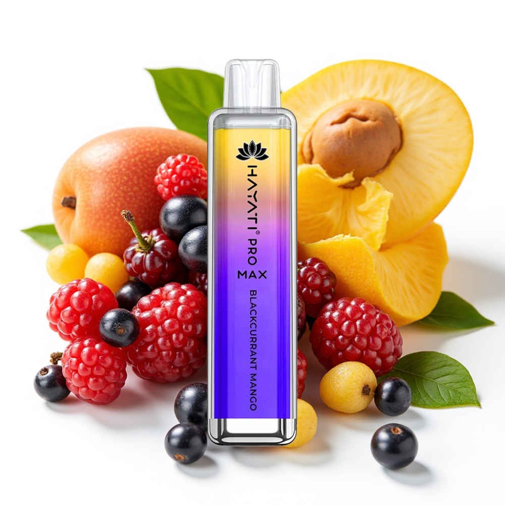 Hayati Pro Max 4000 Puffs Engangsvaper Solbærmango – 28×28×120mm, 2%/5% nikotin, 1400mAh, oppladbar
