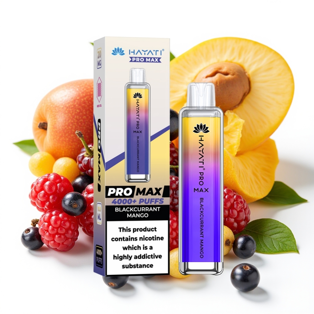 Hayati Pro Max 4000 Puffs Engangsvaper Solbærmango – 28×28×120mm, 2%/5% nikotin, 1400mAh, oppladbar