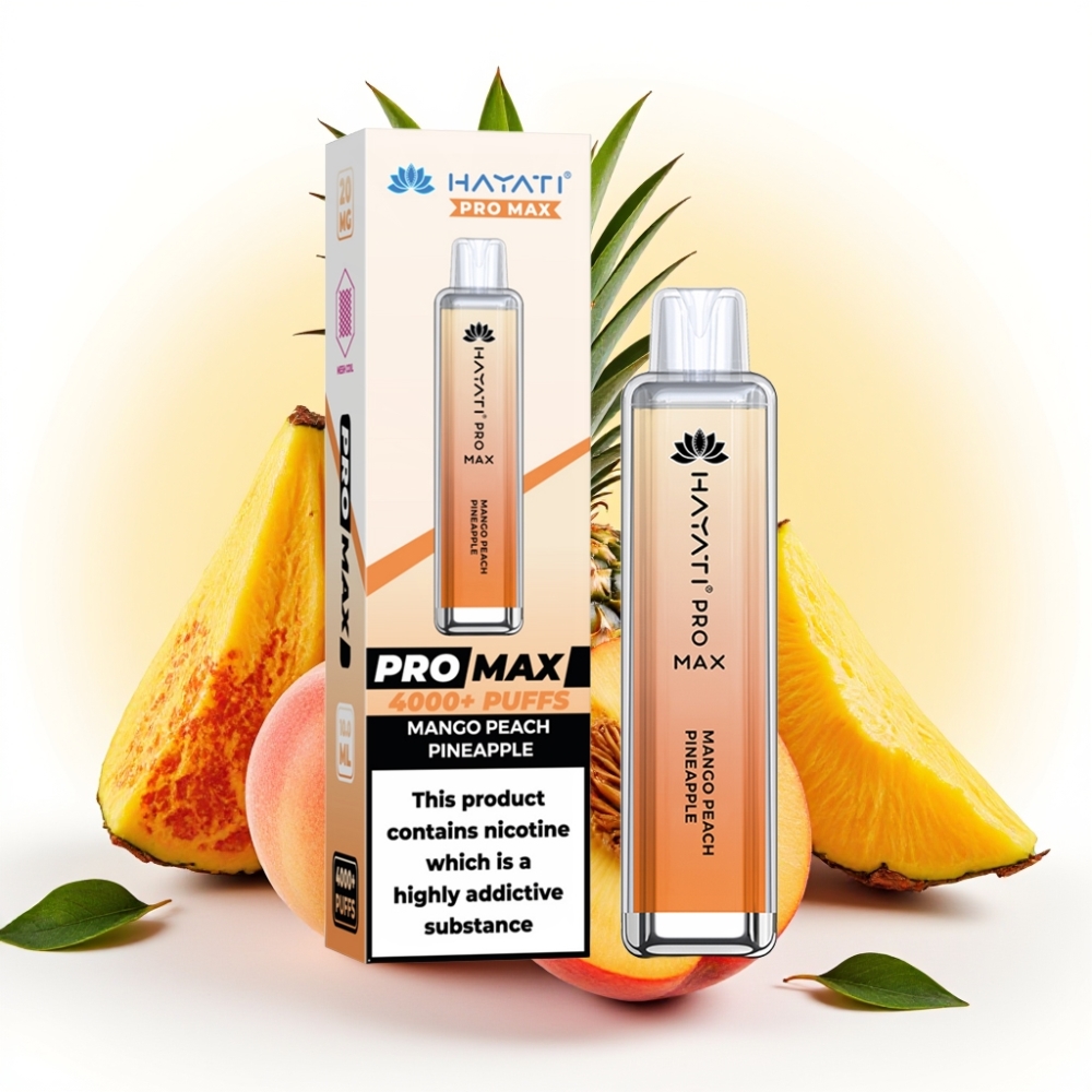 Hayati Pro Max 4000 Puffs Engangsverdampar Mango Fersken Ananas – 28×28×120mm, 2%/5% Nikotin, 1400mAh, 2mL/10mL, TPD