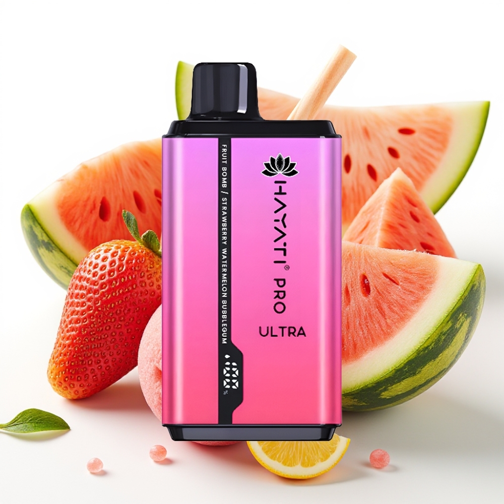 Hayati Pro Ultra 15000 Puffs Frukt Bomb Jordbær' Vannmelon Bubblegum – 15000+ puffs, 850mAh, 2×12ml, 2% nikotin